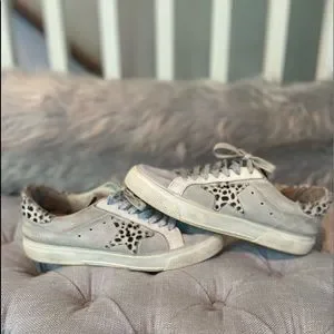 GOLDEN GOOSE Super-Star Sabot distressed leopard-print calf   May Suede White Sneakers w/ Leopard Cheetah Print Star 38, US 8 display picture 1